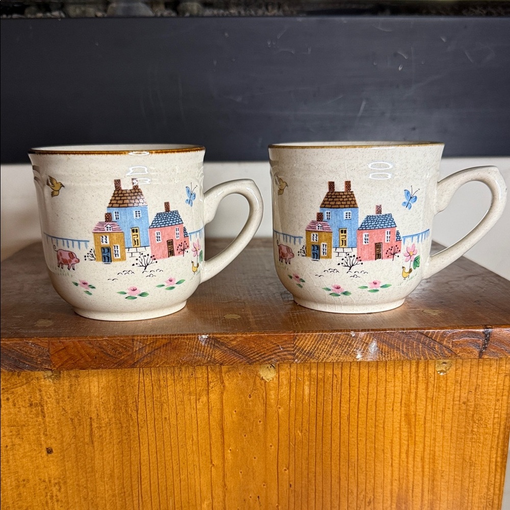 1980s -1990s Heartland - International Stoneware - Cottage Scene Mugs - Set of 2